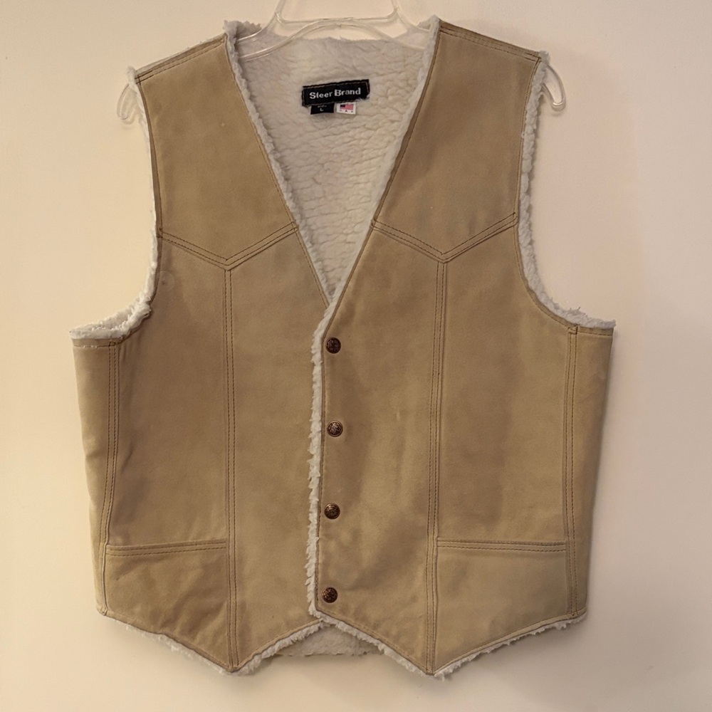Steer Brand Tan Suede  Western Cowboy Fleece‎ lined Vest, size Large